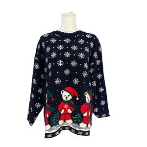 Vintage Christmas Tunic Sweater Womens Sz Medium Santa Bears Oversize Holiday